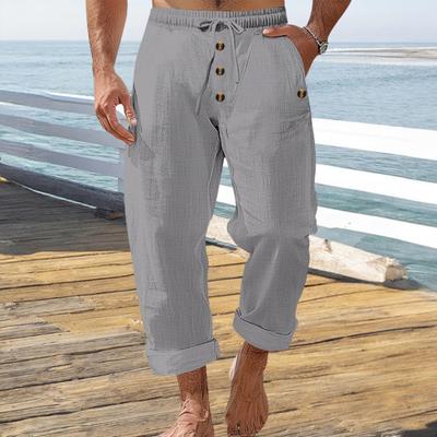 Men's Casual Linen Trousers Elastic Waist Drawstring Baggy Trousers Solid Color Loose Fit Summer Pants with Pockets for Beach Yoga Wear