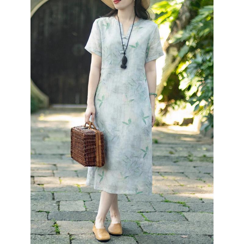 V-neck A-line Dress with Literary Bamboo Leaf Print and Frog Buttons