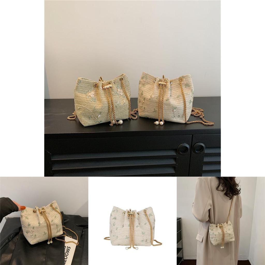 Literary National Style Large Straw Woven Drawstring Shoulder Bag With Chain