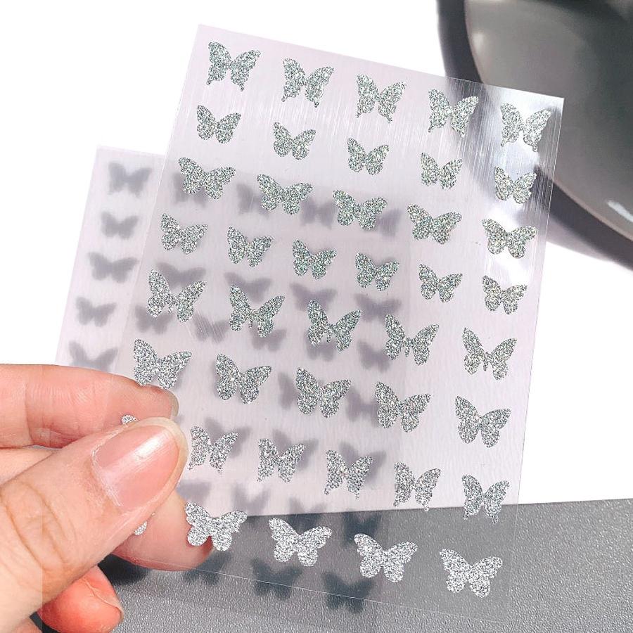 2 Sheets Glitter Silver Nail Stickers, Heart Bear Star Butterfly Designs Decals for Nail Art Decoration