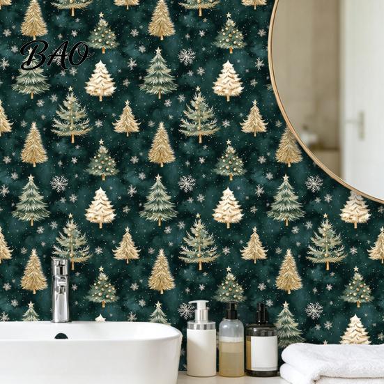 Decorative Contact Paper for Cabinets Christmas Tree Wall Sticker, 150/300cm Gold Green Peel And Stick Wallpaper, Moisture Proof Bathroom Wallpaper