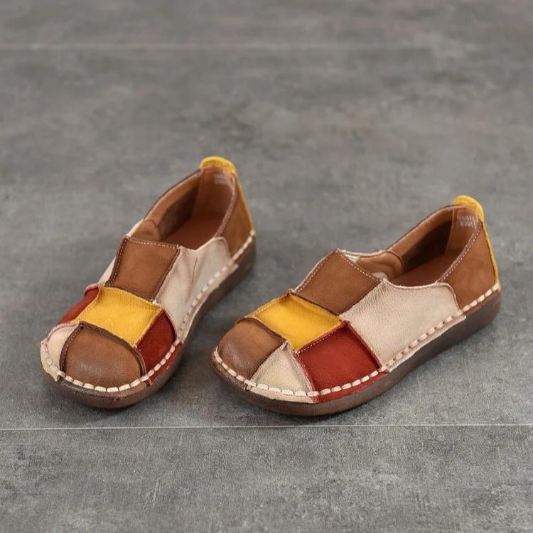 Johnature Retro Genuine Leather Mixed Colors Soft Soled Slip-on Shoes Versatile Round Toe Flat Shoes