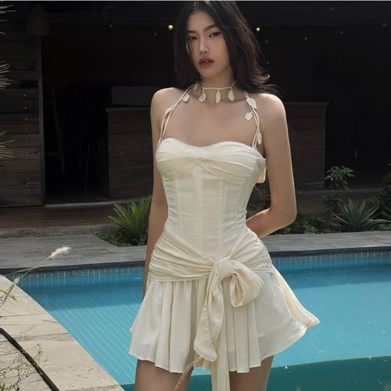 

Super Fairy Vietnam Tube Top Princess Sling Dress Halterneck Beige White(High quality) S