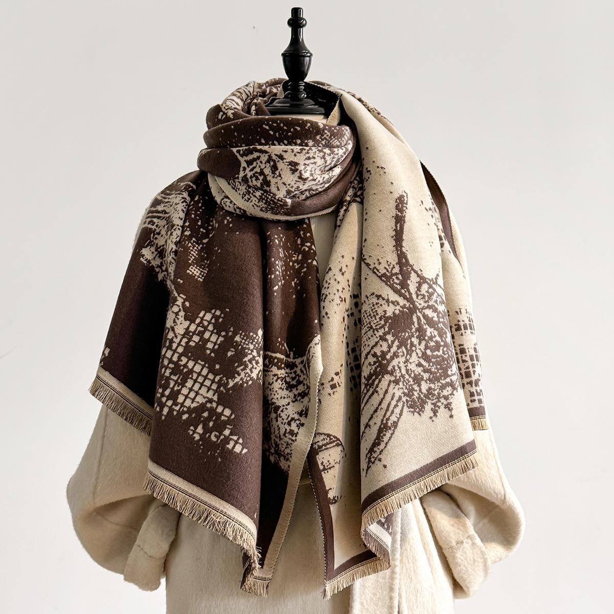 

Elegant Women S Floral Jacquard Pashmina Blanket Scarf - Winter Thick Warm Double-Sided Tassel Design Coldproof Windproof Shawl
