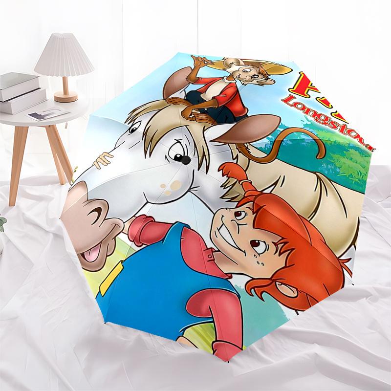 Ombrello da Viaggio a Tema Pippi Calzelunghe - 8 Stecche, Apertura e Chiusura Automatiche, Design Pieghevole Portatile, Ombrello Compatto ed Elegante Adatto