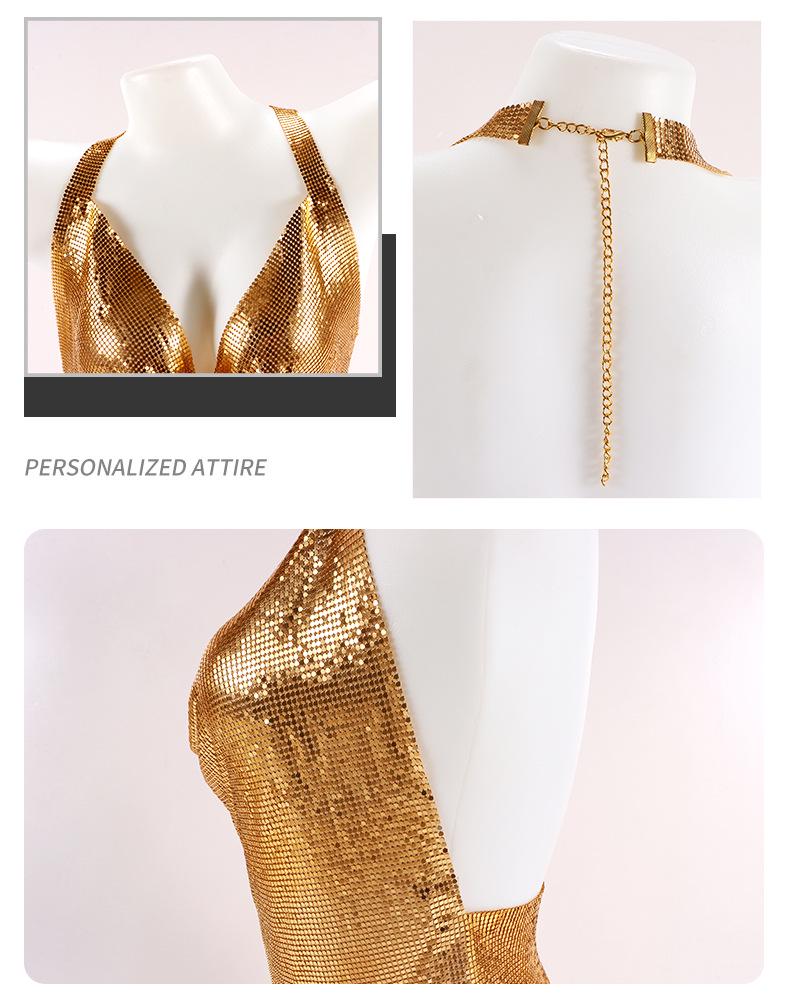 Cross-border European and American deep V slit suspender skirt with metal wire cloth sequin dress, perfect for nightclub and celebrity events.