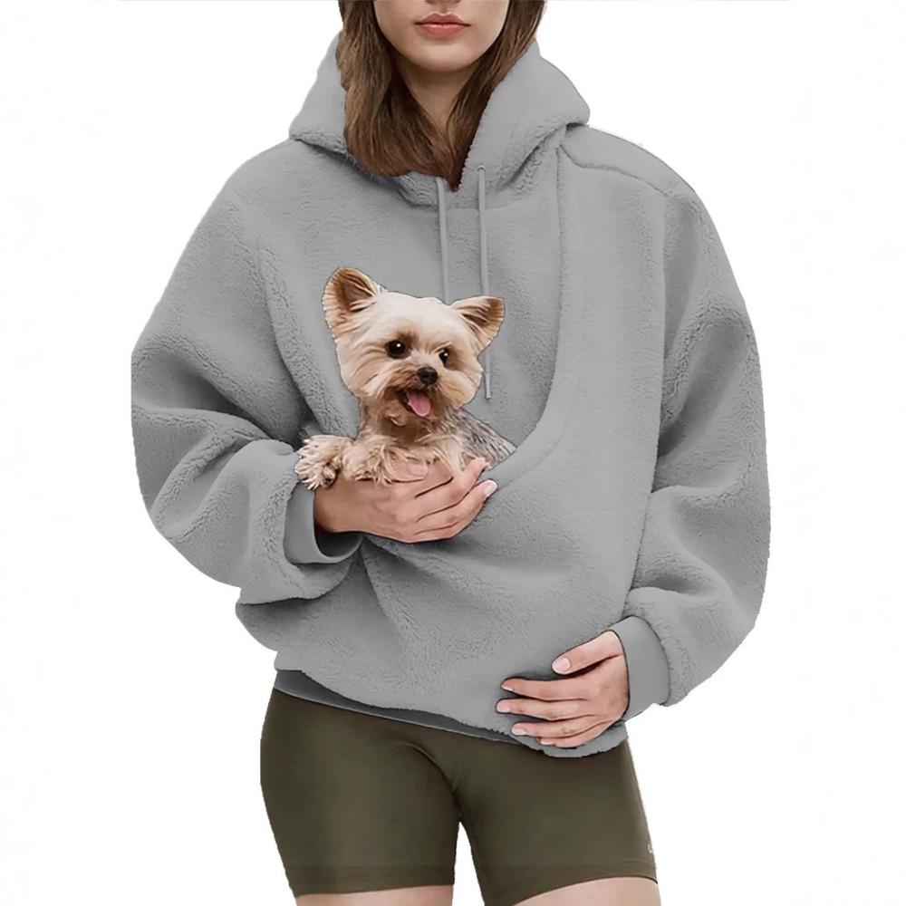 Soft Plush Cat Pocket Sweatshirt Solid Color Pet Holder Pullover Hooded Sweatshirt Autumn Winter