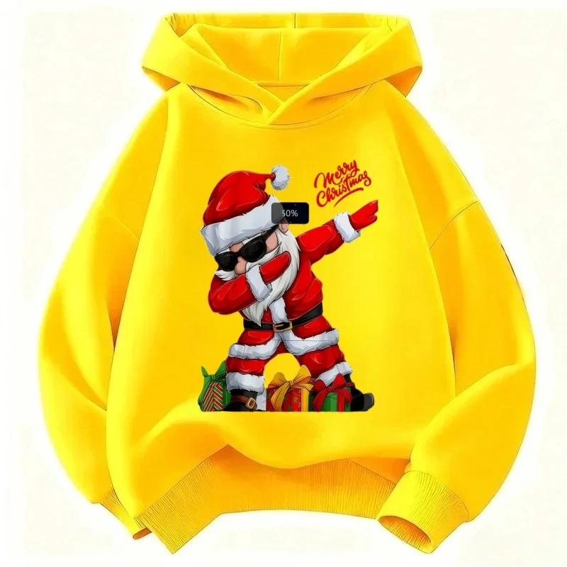 Fun festive hooded sweatshirt for kids,cool Santa art print with Merry Christmas lettering, skin-friendly fabric, easy matching for holiday occasions.