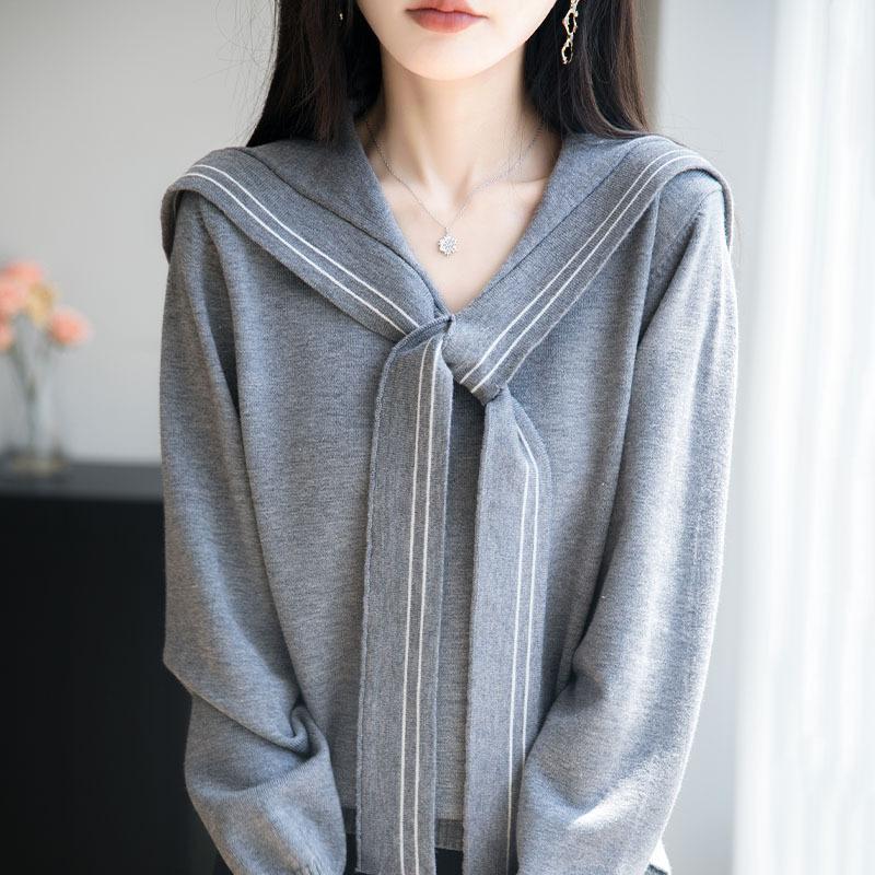 Jarní a podzimní pletený svetr v kolejním stylu s námořnickým límcem, top s dlouhým rukávem, zeštíhlující a mladistvý, s výklenkovým designem pro ženy