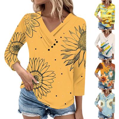 Camisetas Casuales de Manga 3/4 para Mujer para el Día a Día y el Fin de Semana con Cuello en V Estampadas de Ajuste Holgado con Pliegues Blusa de Señora