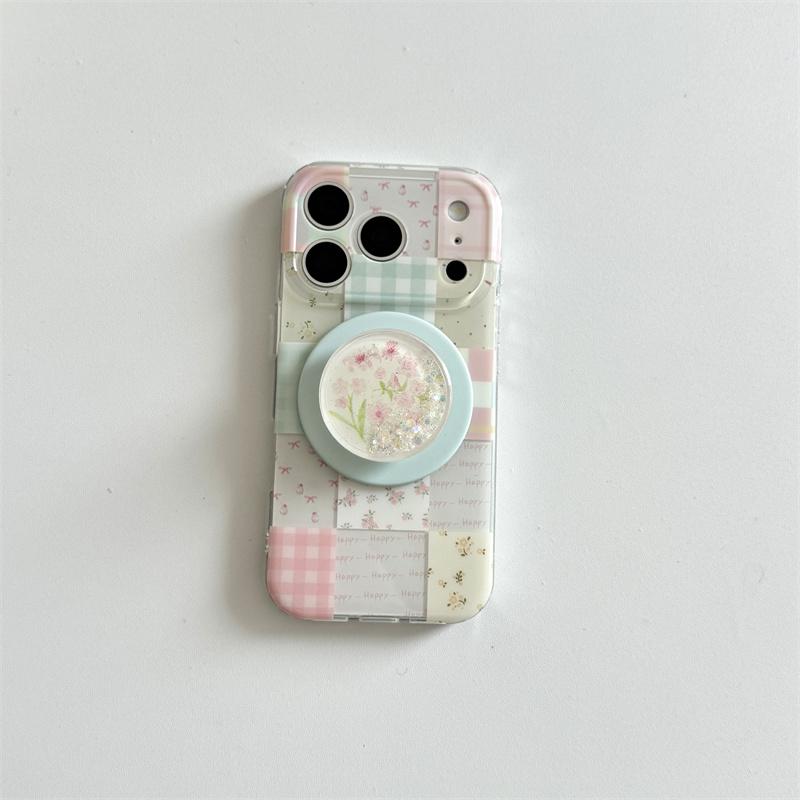 Kawaii Pastel Patchwork Floral Plaid Magnetic Phone Case With Glitter Pop Socket For iPhone 14 15 16 17 Pro Max INS Cute Shockpr
