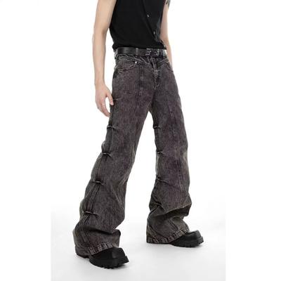 JYL Men's Flare Jeans American Wasteland Washed Pleated High-Street Loose Denim Trousers