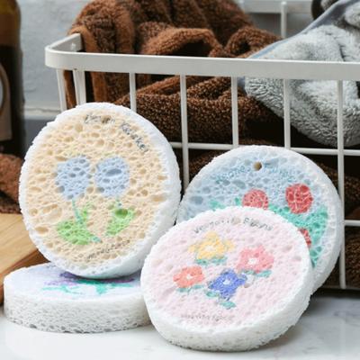 20pcs Kitchen Dishwashing Sponge Scouring Pad Compressed Wood Pulp Brush Cute Flower Dish Cloths Pot Scrubber Wipe Cleaning Tool