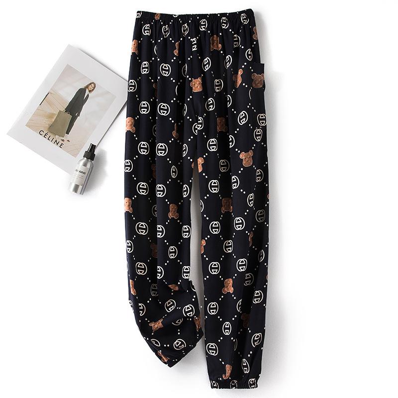 Pantaloni de pijama din bumbac mătase pentru femei, secțiune subțire de vară, anti-țânțari, pantaloni cu picior lat, culoare uni, pentru exterior, casă, petrecere a timpului liber, imprimeu, pantaloni de plajă până la genunchi