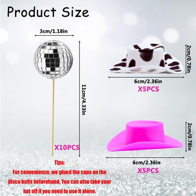 20 Pcs Disco Cowgirl Party Cake Decorations Cow Spotted Pink Hat 70s Disco Party Decorations for Dance Disco Party Supplies