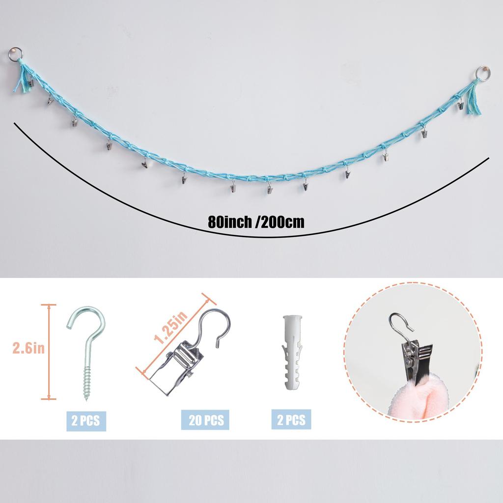 Cotton Plush Animal Storage Rope with 20 Metal Clips, Wall-mounted Hanging Storage Rack, Suitable for Kindergarten Playrooms