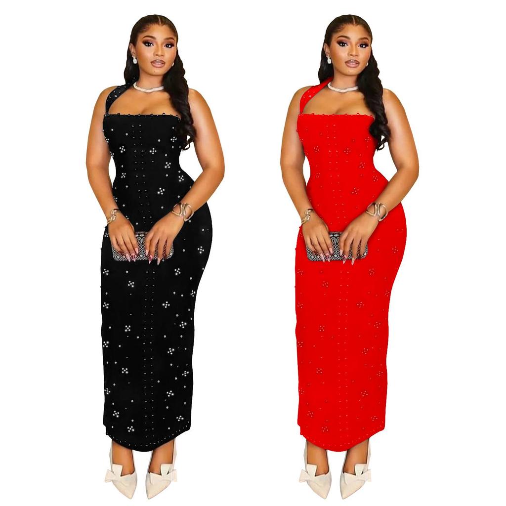 C7480 Fashion Women's Halter Rhinestone Beaded Bodycon Dress - Europe & America Style