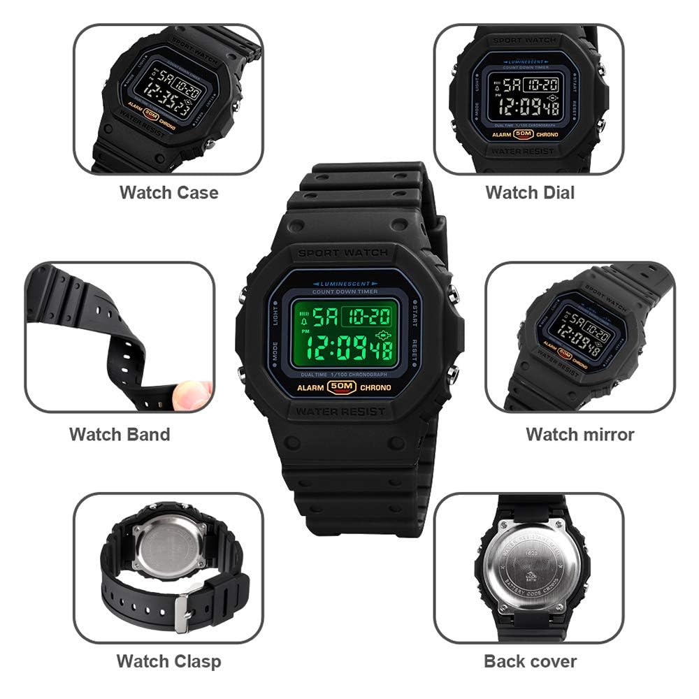 LOUJIN Digitale Sportuhr für Herren, Klassisch Wasserdicht, mit Wecker, Stoppuhr, Countdown, LED-Hintergrundbeleuchtung, Elektronische Armbanduhr