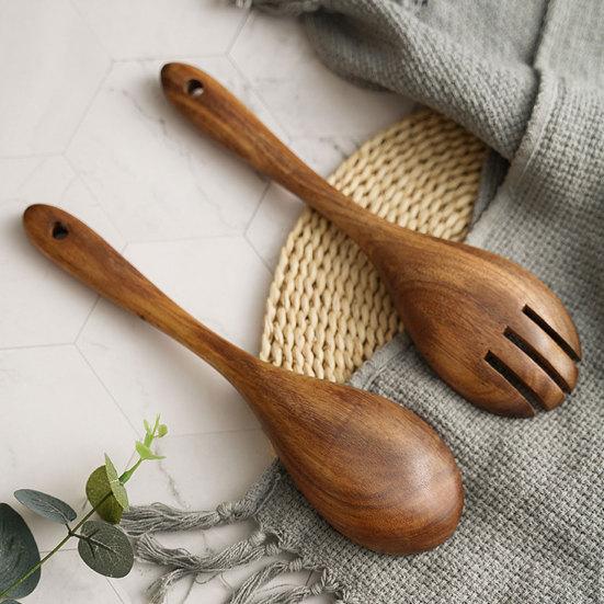 Reusable Wooden Fork Pasta Retro Salad Sushi Cooking Spoon Kitchen Utensil Tool