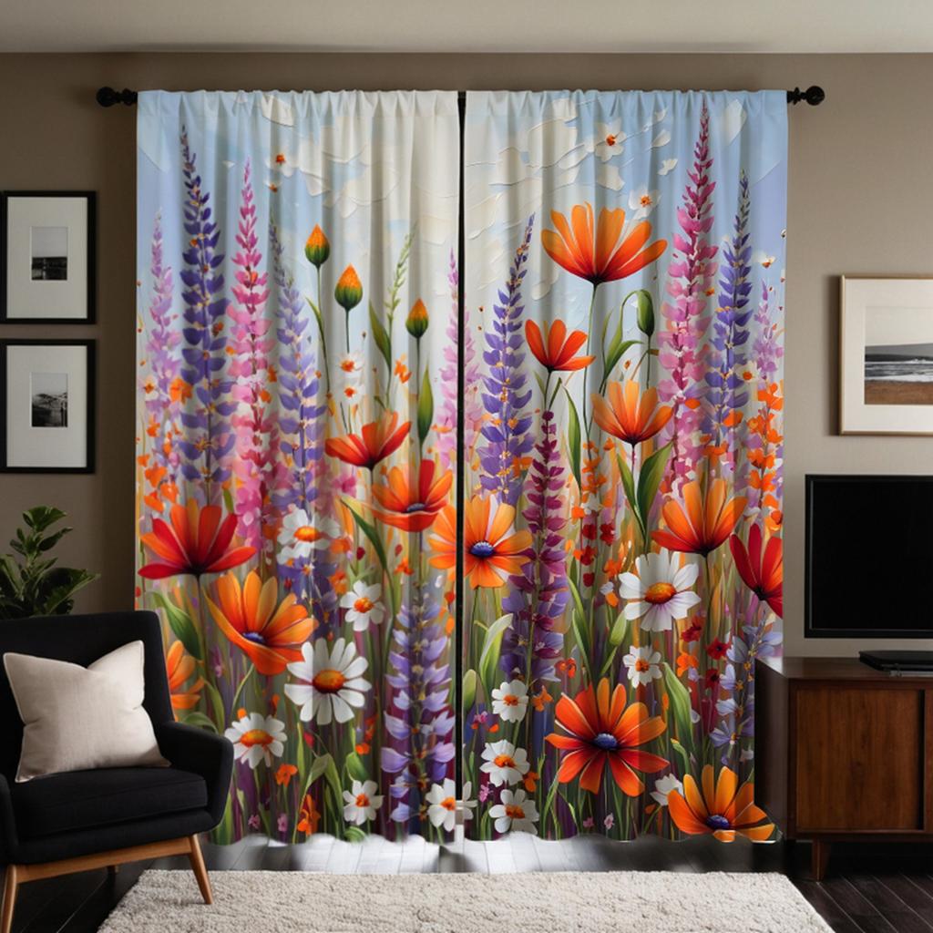 2-piece HD digital Color Department Autumn Wildflower Lavender curtain Home Decoration style Decorate living room bedroom Wear r