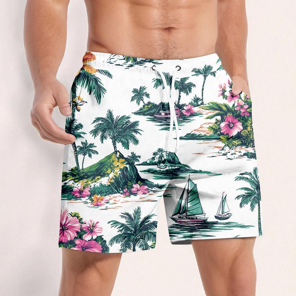 Men's Fashion Hawaiian Print Elastic-Waisted Casual Yoga Pants Beach Shorts