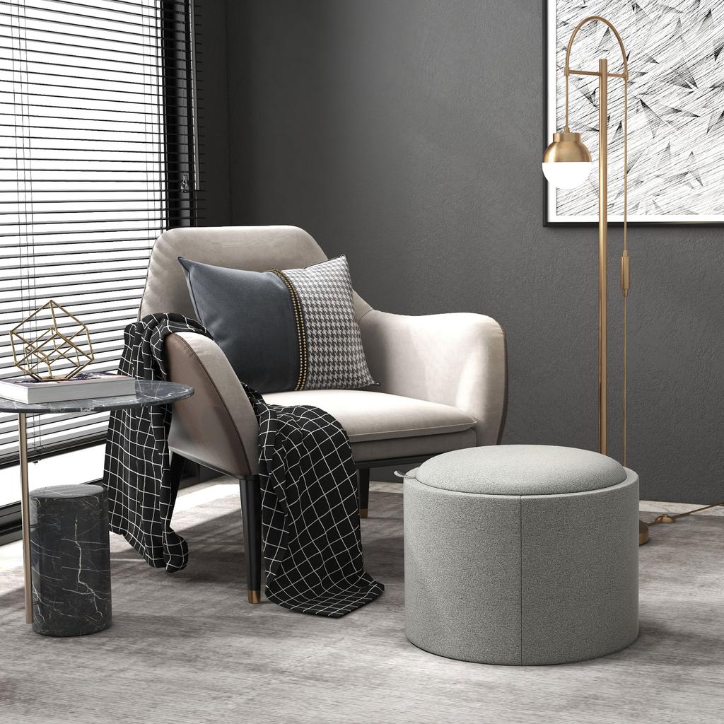 Stool Upholstered Stool, Linen, Hidden Storage, Reversible Lid, 56cm x 56 cm x 42 cm, Gray + Natural