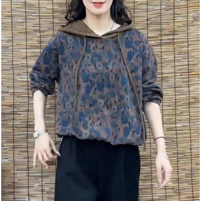 

Женская весна осень новый стиль ретро мода повседневная толстовка с капюшоном с принтом свободного прилегания стильный базовый слой топ XL бежевый