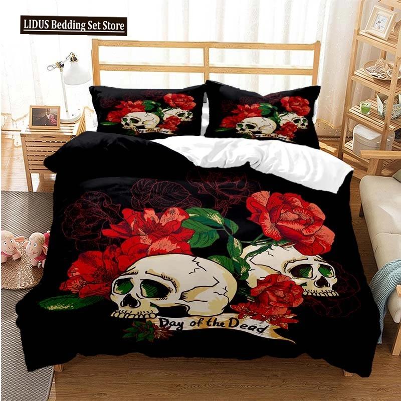 Sugar Skull Duvet Cover Set Queen Size Flowers Skeleton Bed Linen Double Bedding Set With Pillowcase King Size Skull Quilt Cover