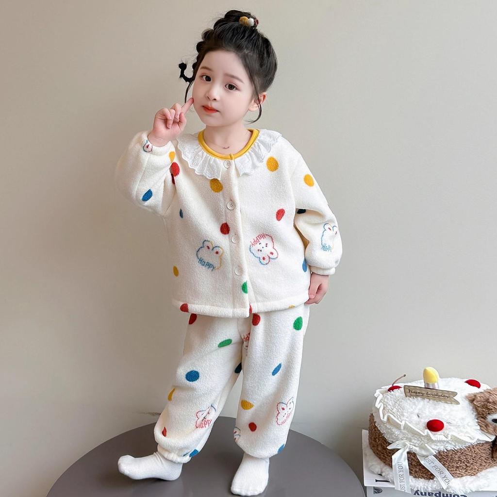 Kinder Winter Flannel Schlafanzug Set - Koralle, Samt, Verdicktes Trendiges Design für Mädchen