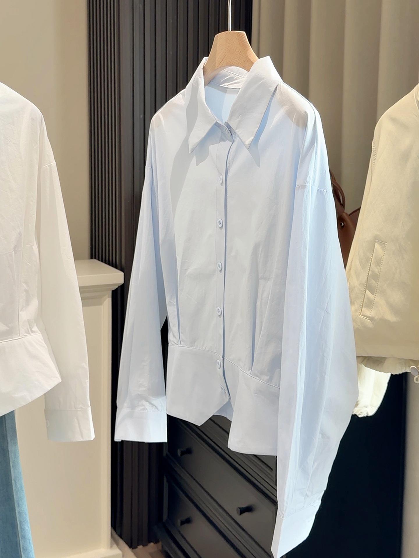 Spring 2026 Women s Slim-Waisted Lapel Long-Sleeve Shirt - Stylish and Elegant Short Commuter Top One Size синий
