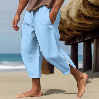 Men Summer Beach Pants Loose Side Pockets Drawstring Elastic Waist Zipper Legs Solid Color Gym Training Jogging Sweatpants Ninth Trousers