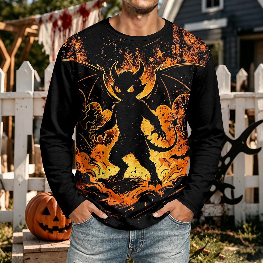 Men's Halloween Neck Long Sleeve Casual Shirt Comfortable Top for Holiday Party and Daily Wear