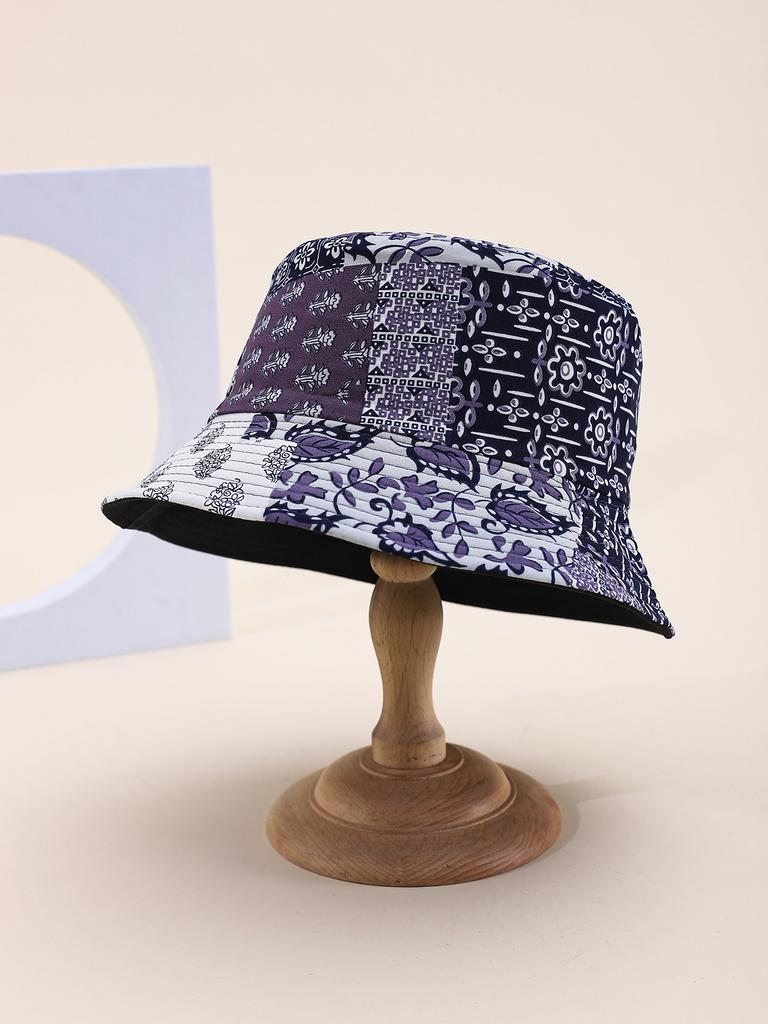 Women's Foldable Bucket Hat Spring Summer Sunshade Flower Leaf Pattern Wide Brim Vintage Hip Hop Flat Top Casual