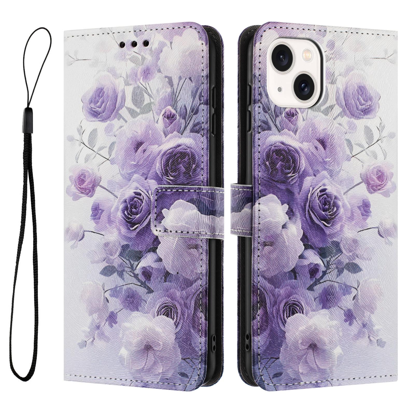 

YX-2501 For iPhone 14/13 Case Pattern Printing PU Leather Wallet Phone Cover with Lanyard Purple Rose