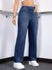 Blue Denim Stretch Pants with Elastic Waistband and Slim Straight Leg.