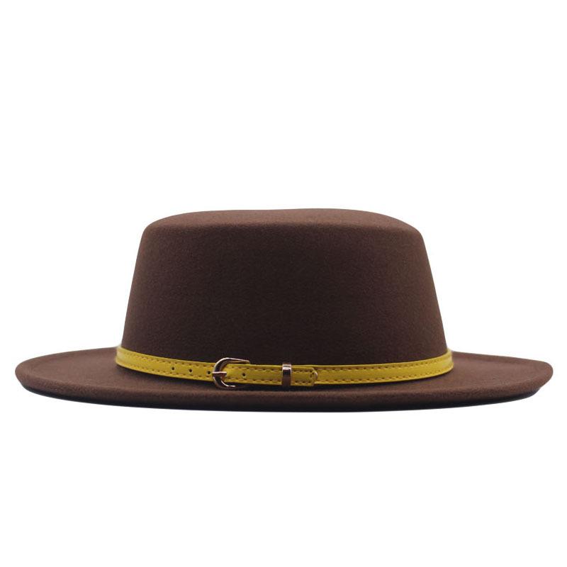 Hat Women's Woolen Top Hat Autumn and Winter Solid Color Retro Gentleman British Style Flat Top Belt Accessories Felt Hat