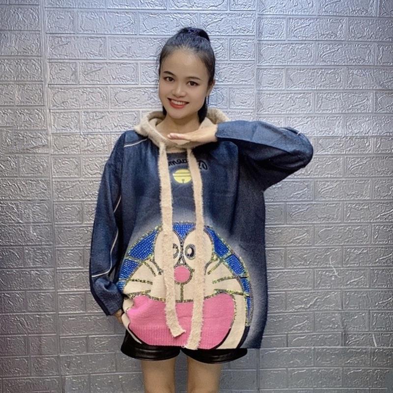European Heavy-Duty Rhinestone Autumn Doraemon Midi Sweater for Women