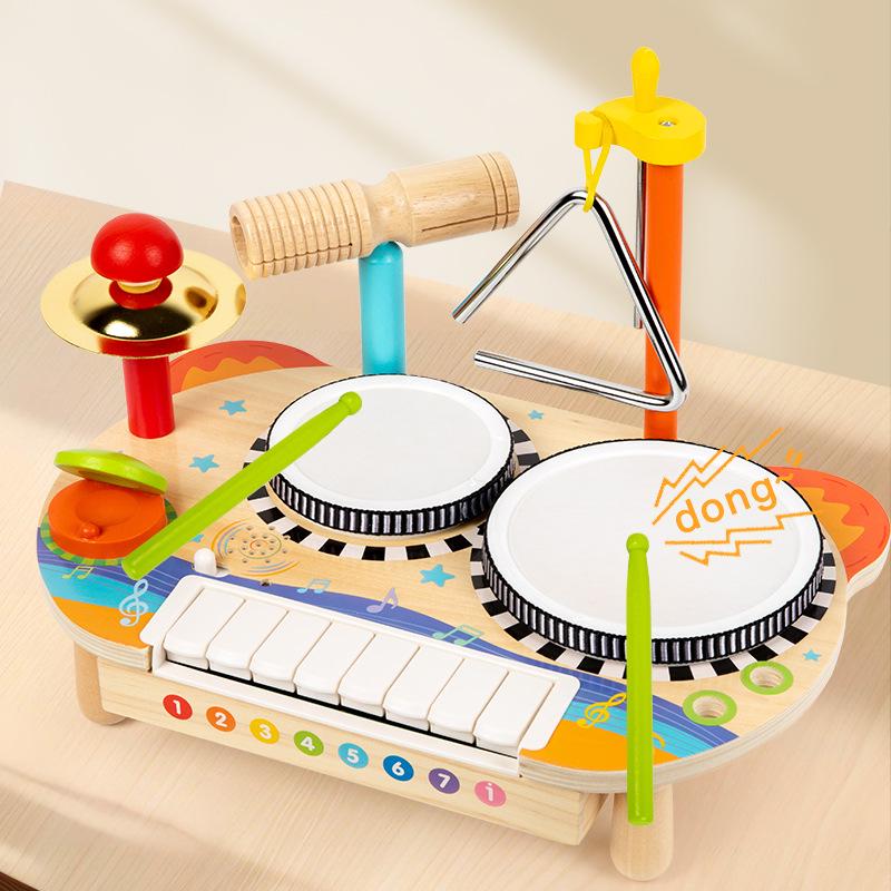 Children's Wooden Percussion Set: Multifunctional Rack, Drum, Xylophone & Castanets for Music Education