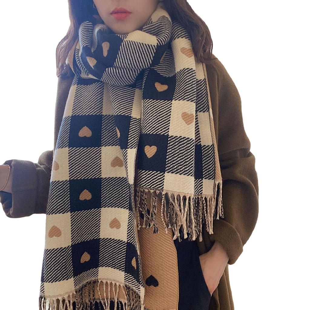 Love Plaid Long Beard Tassel Shawl Autumn and Winter Versatile Imitation Cashmere Scarf Women's Korean Style Scarf