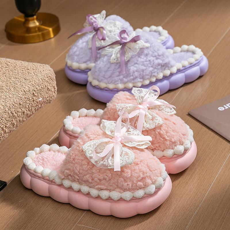 Bow cotton slippers women's autumn and winter indoor home thick bottom non-slip warm advanced hair plush confinement cotton mop