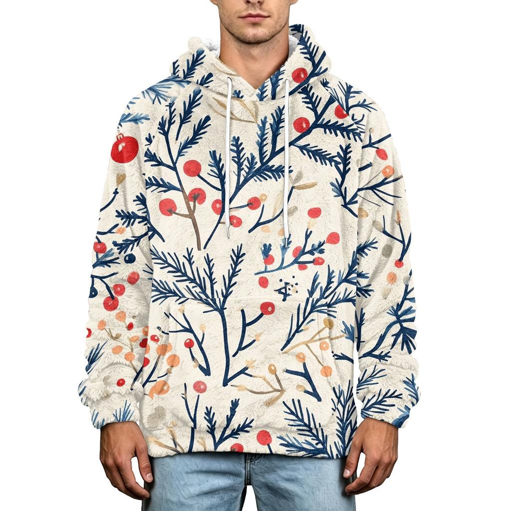 Men's Christmas Print Flannel Hoodie Plus Size Casual Hooded Sweatshirt for Fall and Winter