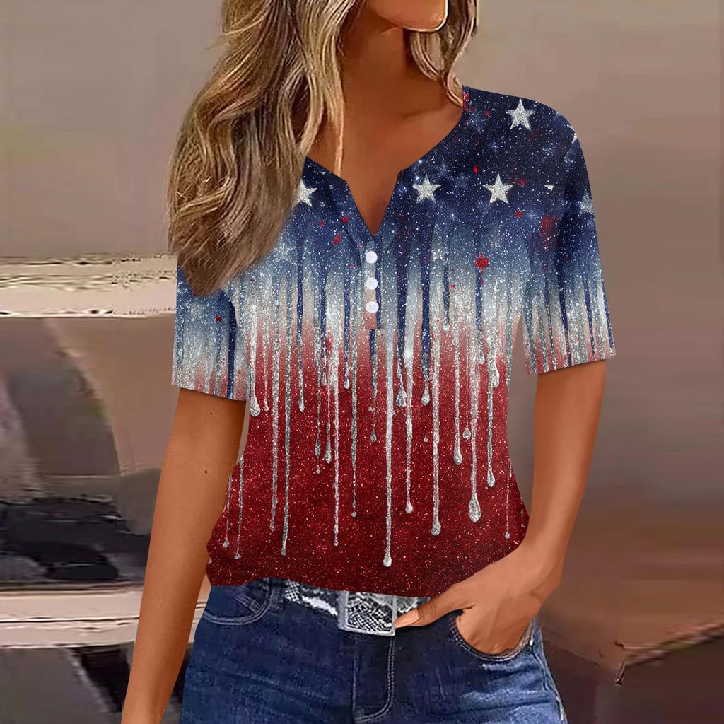 Women's T Shirt Independence Day Print Button Short Sleeve Daily Weekend Fashion Basic V- Neck Regular Top