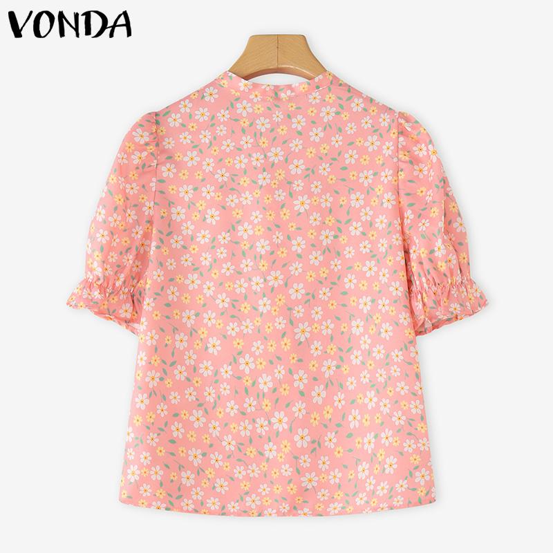 VONDA Elegant Women Floral Print Blouse Casual Puff Sleeve V Neck Ruffled Tops