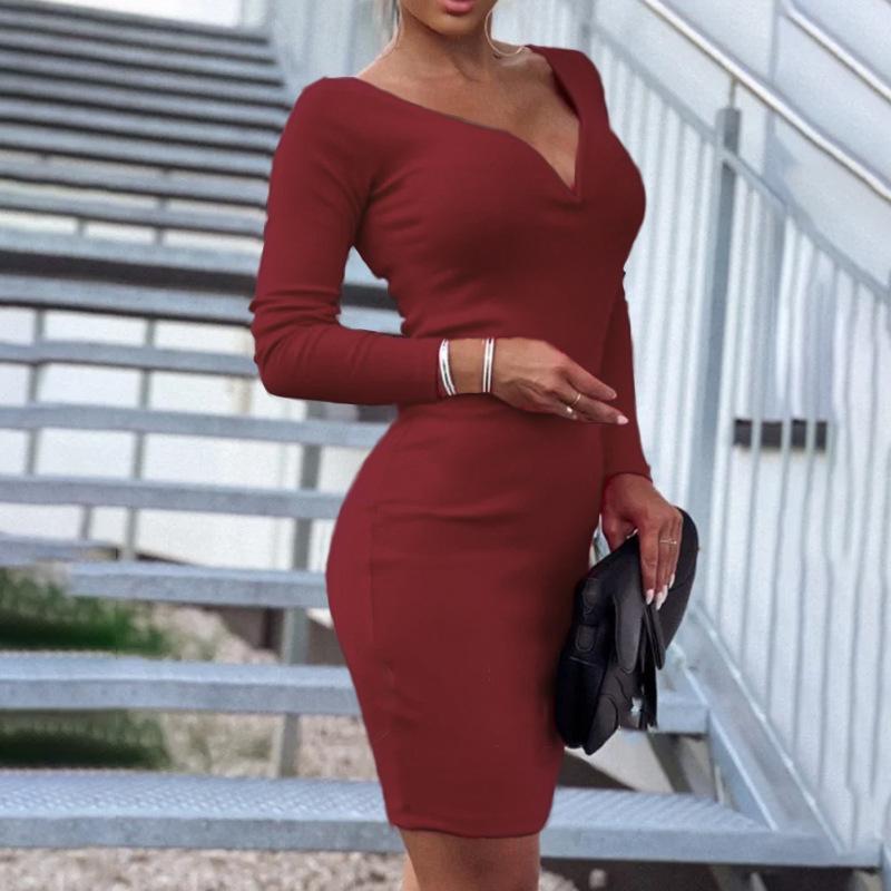 2024 Women's Sexy Deep V Neck Long Sleeve Dress Ladies Pleated Hip-hugging Dress Elegant Party Dress