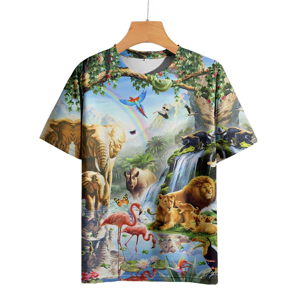 Tričko s kresleným zvířecím potiskem pro muže Trička Starověký les Tričko Outdoor Hip Hop Topy Oblečení Neformální Trička s volným krátkým rukávem