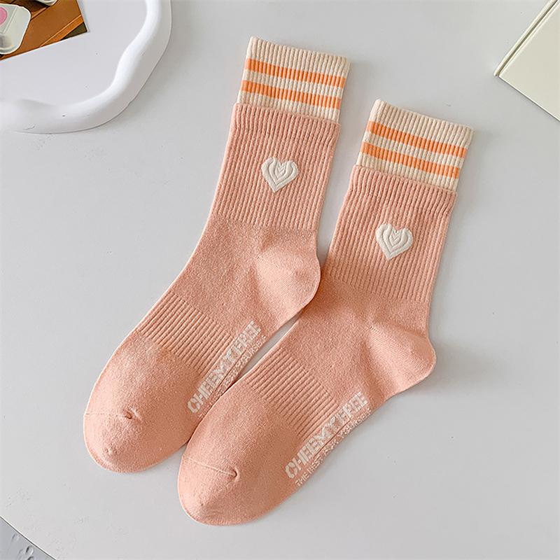 Sweet Style Double Love Socks Macaroon Color Love Heart Embroidered Cotton Sock Harajuku Striped Socks
