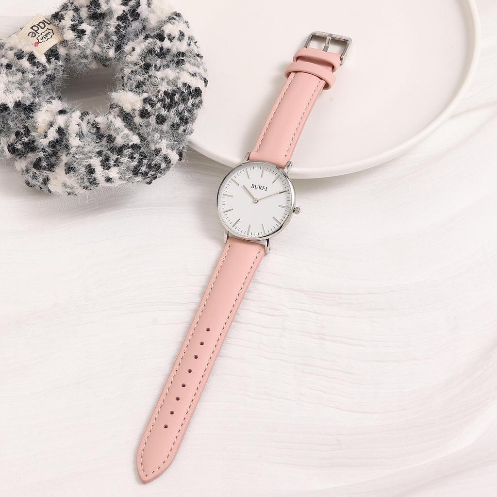 BUREI Women's Analog Quartz Watch Pink Leather Band Simple Stylish Cute Popular Brand Commuting School Watch for Women Slim Lightweight