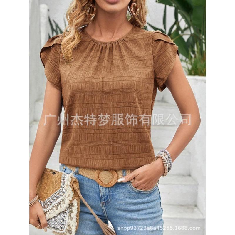 Damen Frühling und Sommer Neue Rundhals Blütenblatt Ärmel Temperament Kurzarm Tops