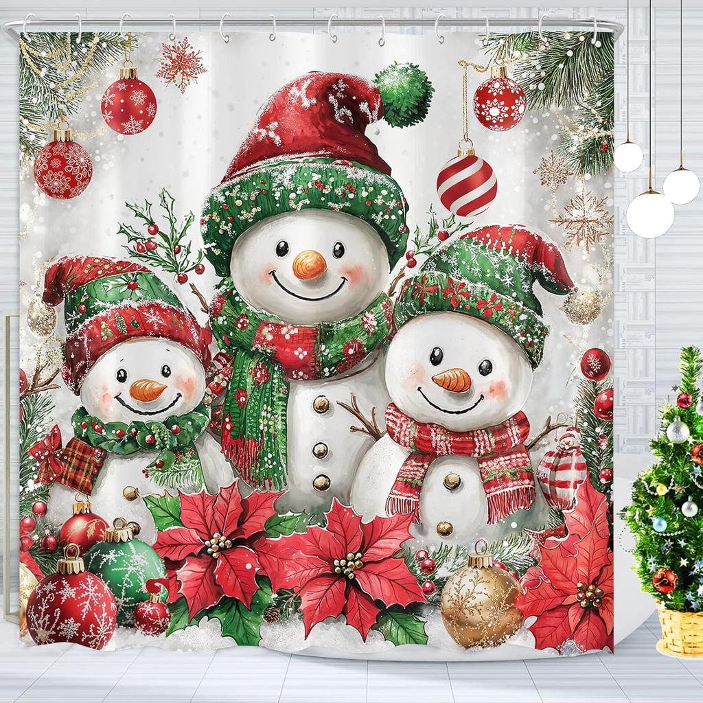 Christmas Shower Curtain Snowman Shower Curtain Set Holiday Shower Curtains Bathroom Curtain Decor Set with 12 Hooks