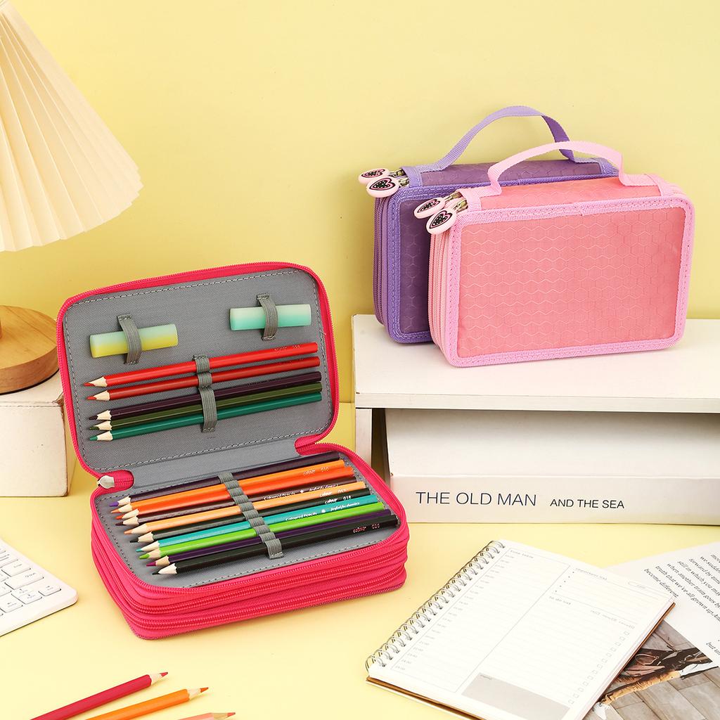 Heart-shaped zipper pull Three-layer pencil case, portable exquisite stationery storage bag, essential art drawing pencil case